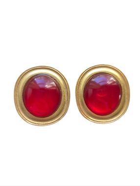 Yves Saint Laurent Vintage Red Cabochon Disc Earrings Gold Tone Signed YSL